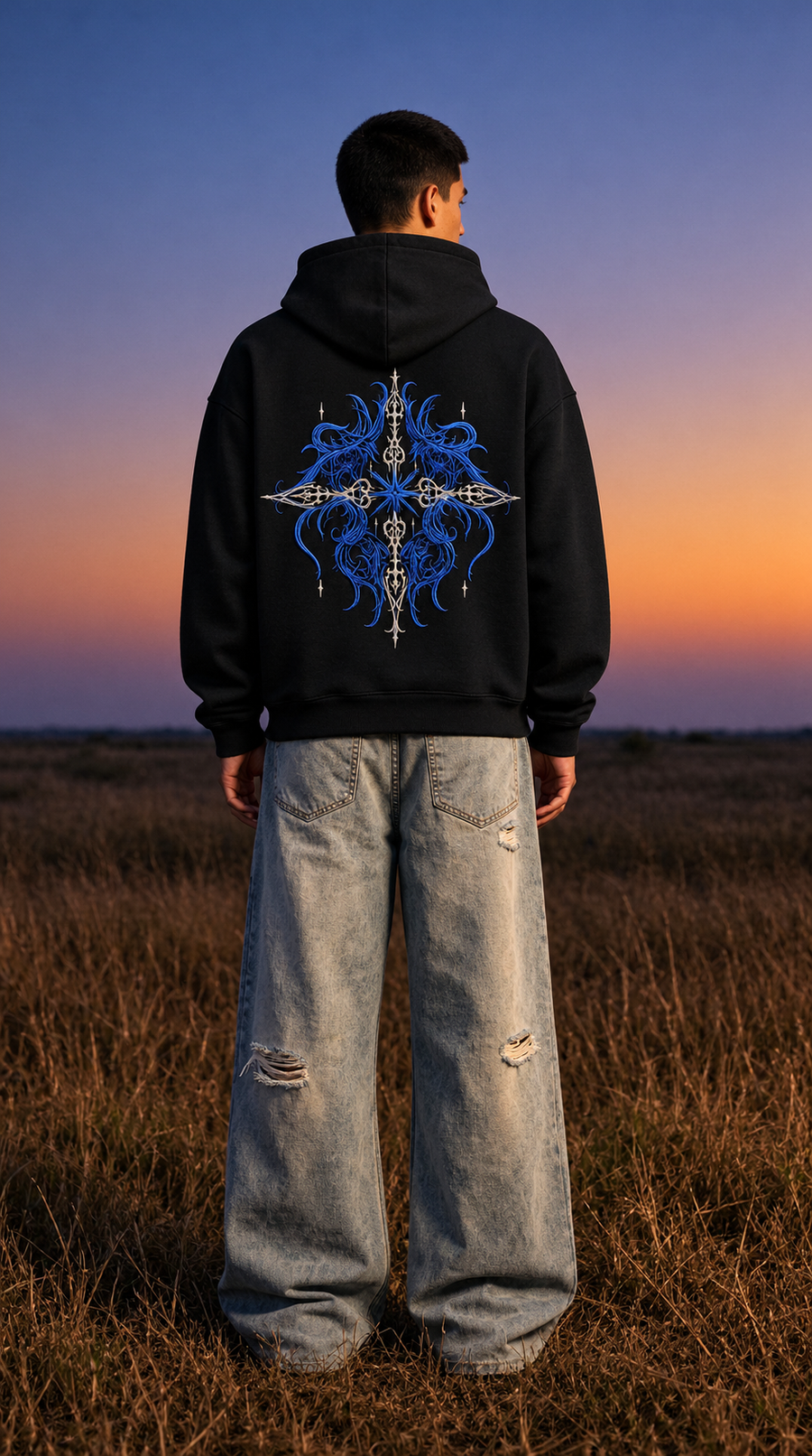 Blue Cross Embroidery Oversized Hoodie
