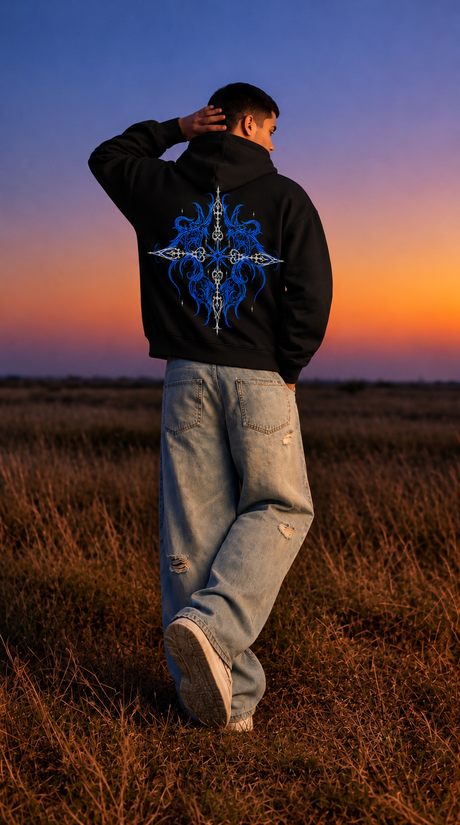 Blue Cross Embroidery Oversized Hoodie