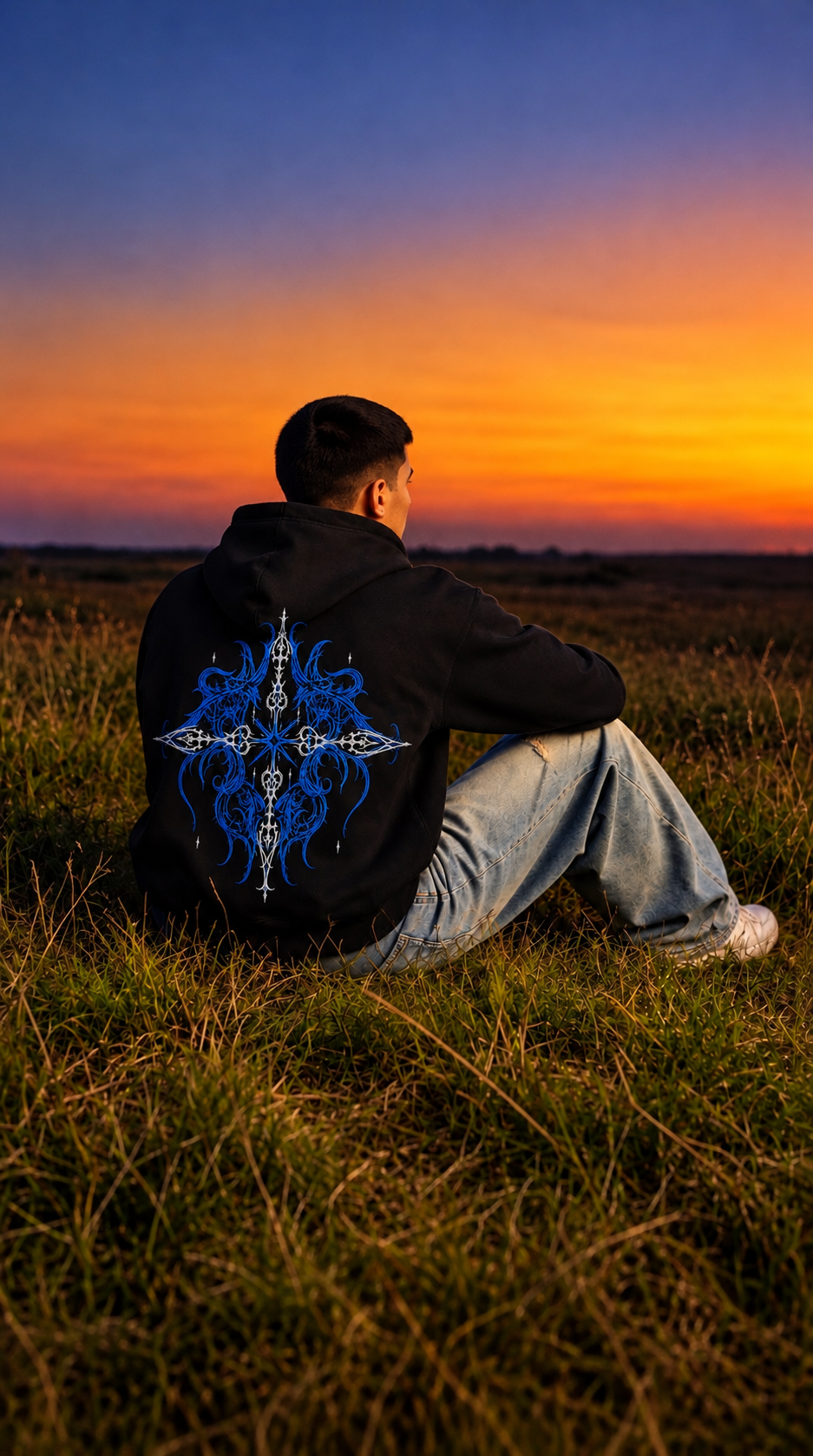 Blue Cross Embroidery Oversized Hoodie