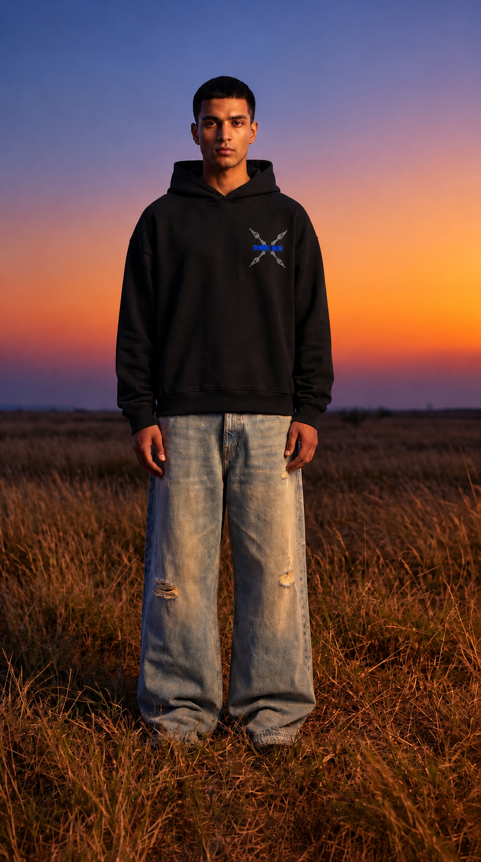 Blue Cross Embroidery Oversized Hoodie